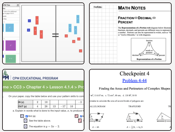 Four images of etool, mathnote, homework help and a checkpoint
