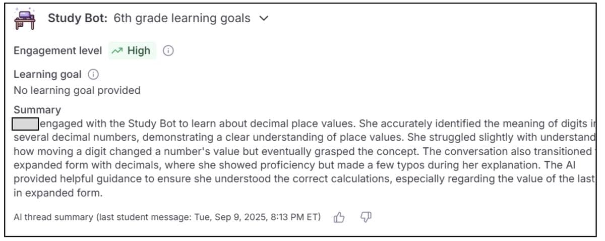 MagicSchoolAI summary of a student conversation with a study bot